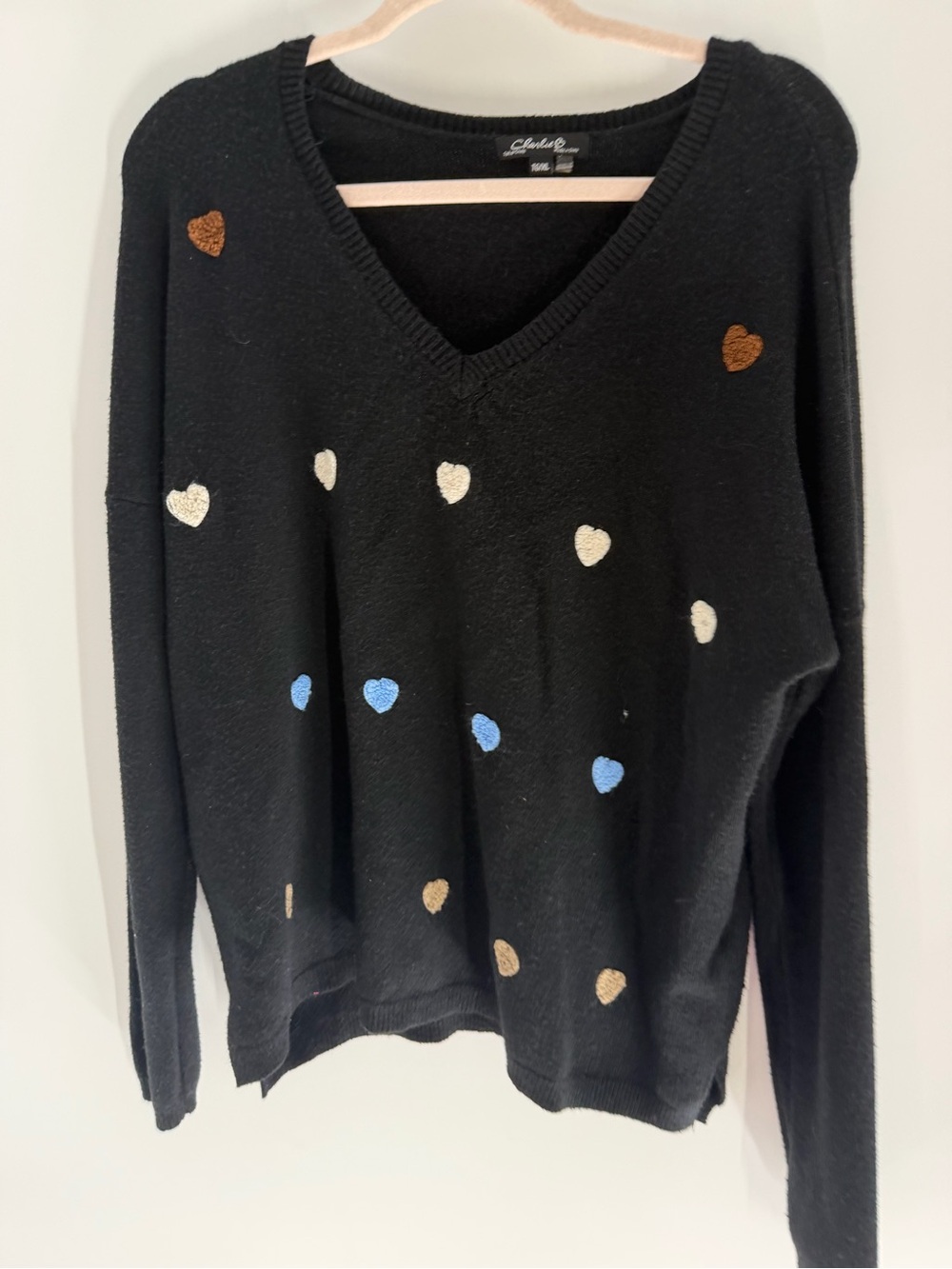 CHARLIE B Black V-Neck Sweater with Cream, Blue, and Brown Hearts